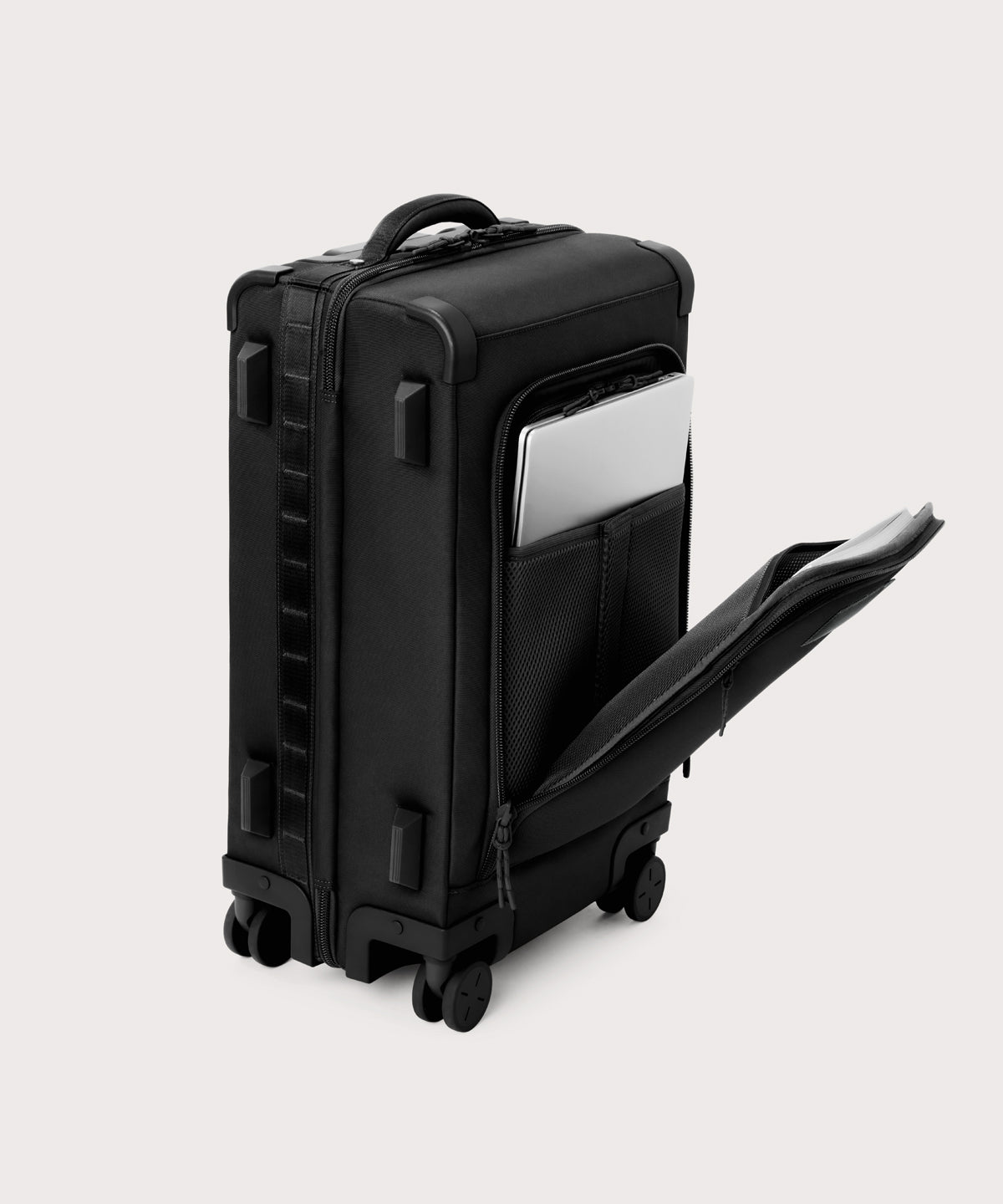 Top down of Seattle carry-on rolling luggage 23.5” in onyx with front flap opened. 

