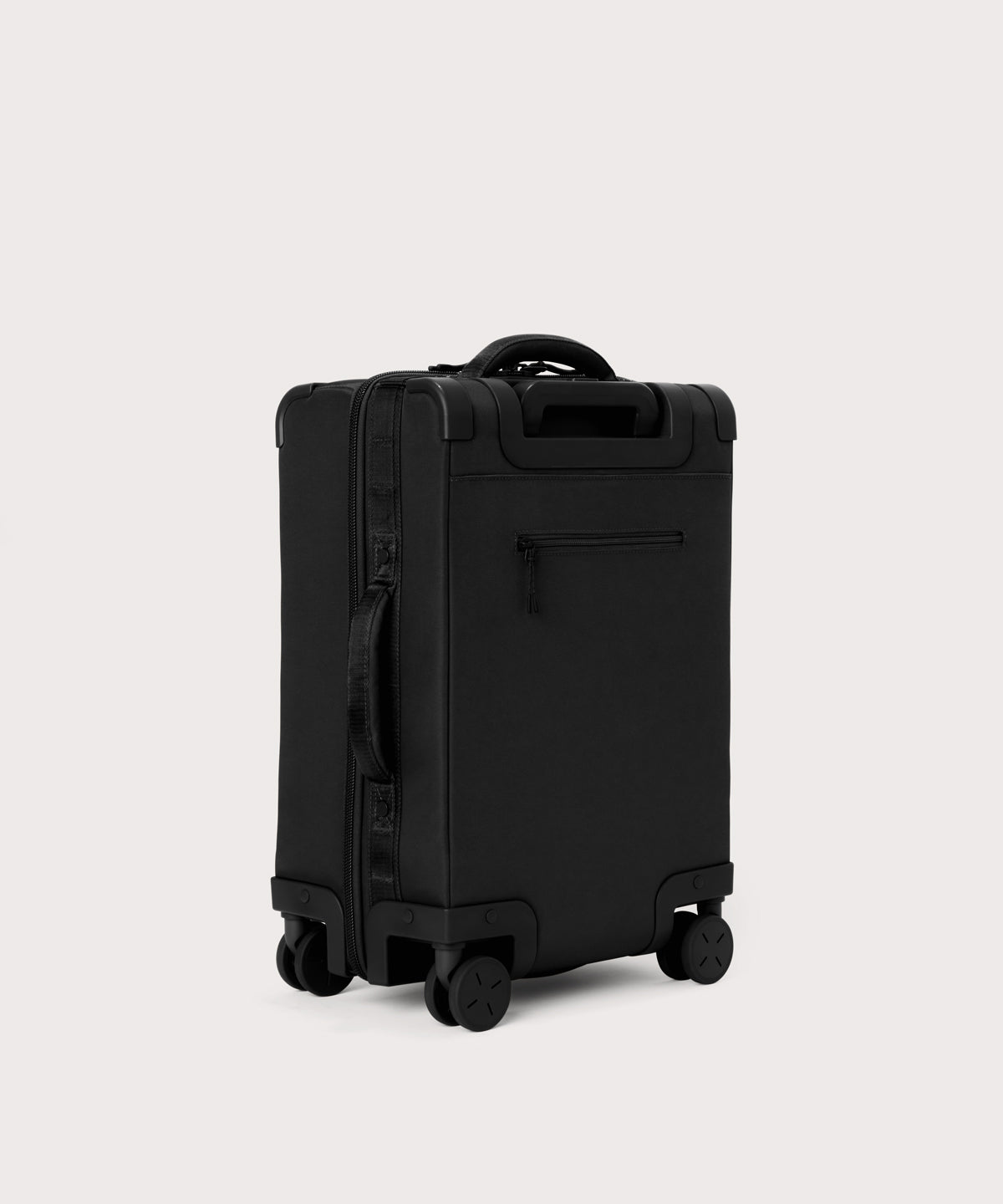 3/4 front view of Seattle carry-on rolling luggage 20.5” in onyx showing side luggage feet
