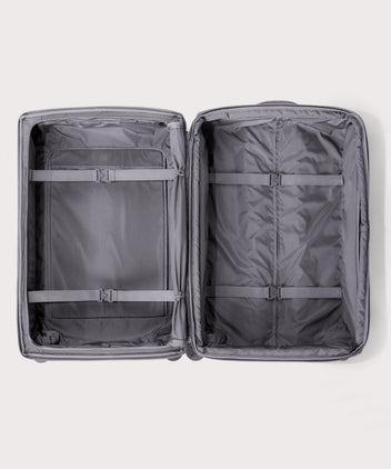 Top down of Sydney checked rolling luggage 28.5” in light grey 
