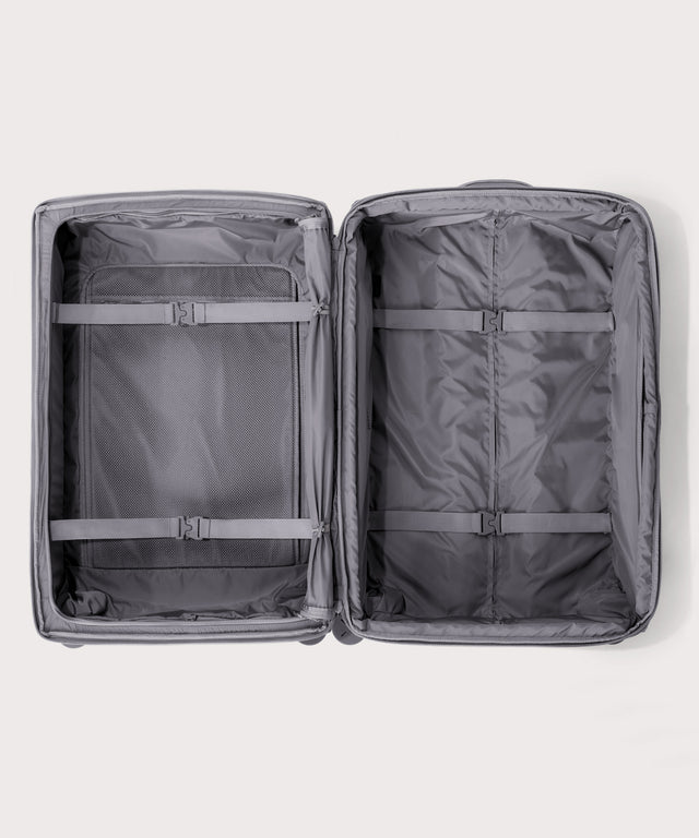 Top down of Sydney checked rolling luggage 28.5” in light grey 
