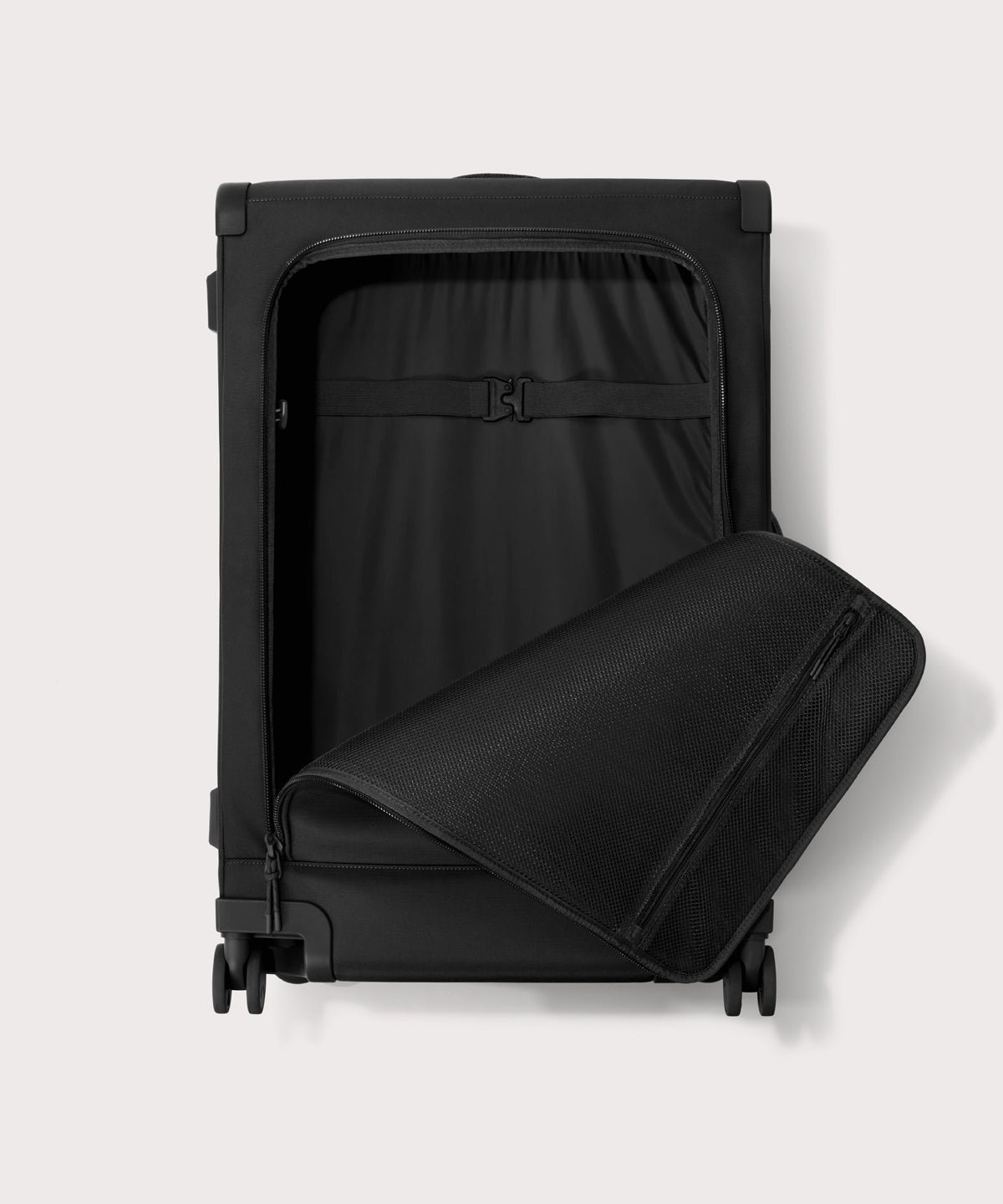Front view of Sydney checked rolling luggage 28.5” in onyx with front flap opened
