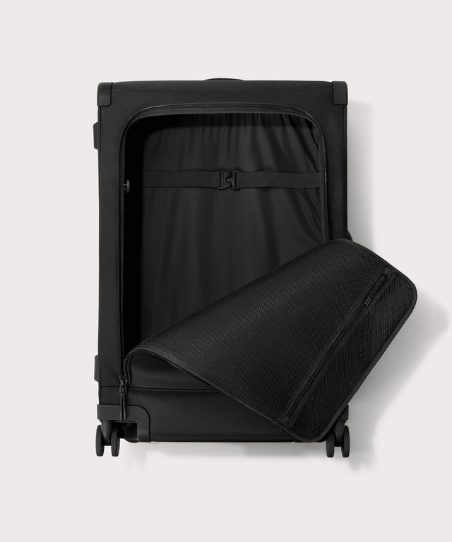 Front view of Sydney checked rolling luggage 28.5” in onyx with front flap opened
