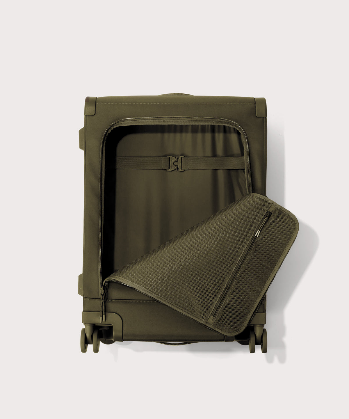 Front view of Sydney checked rolling luggage 25" in dark moss with front flap opened
