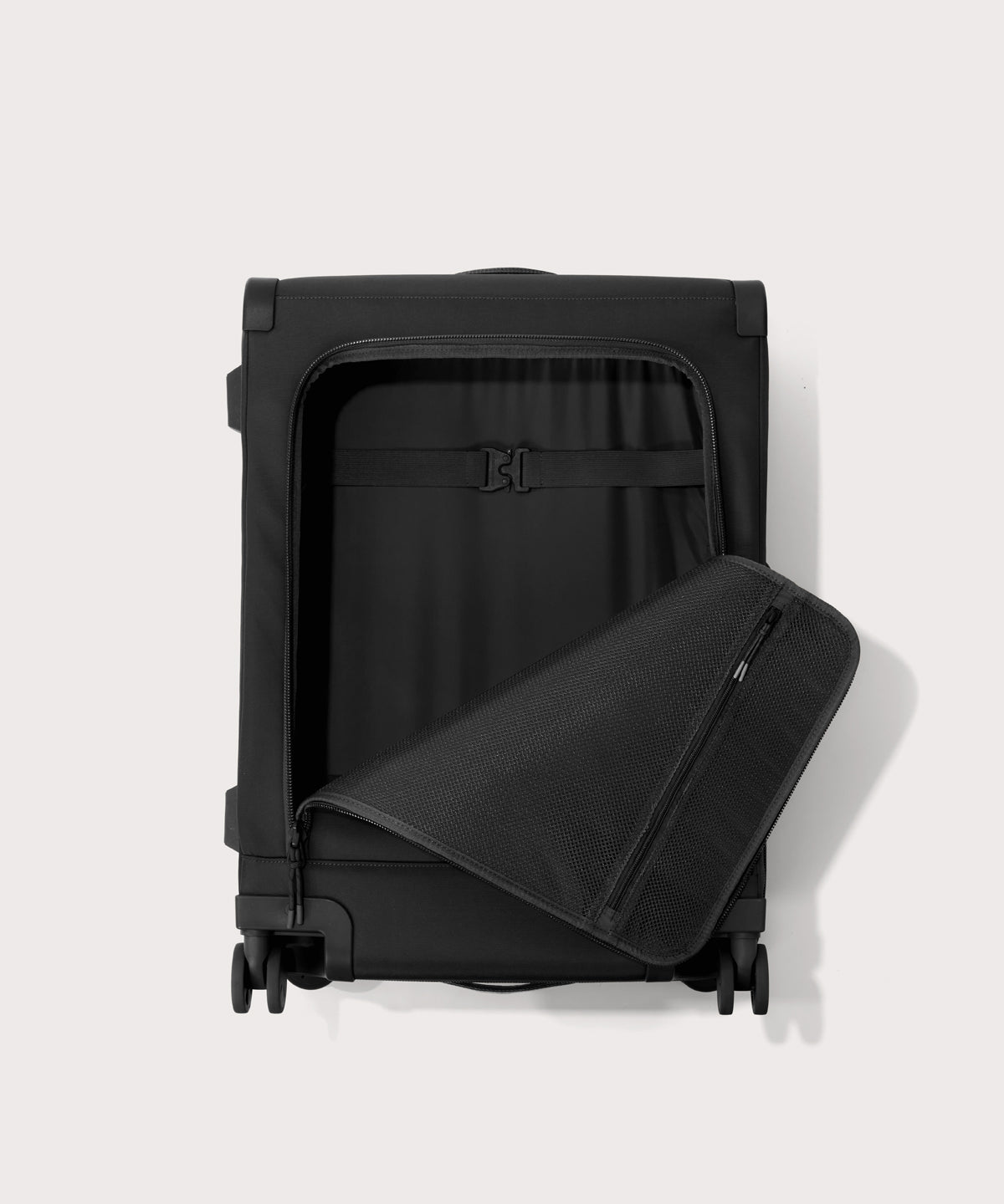 Front view of Sydney checked rolling luggage 25" in black with front flap opened
