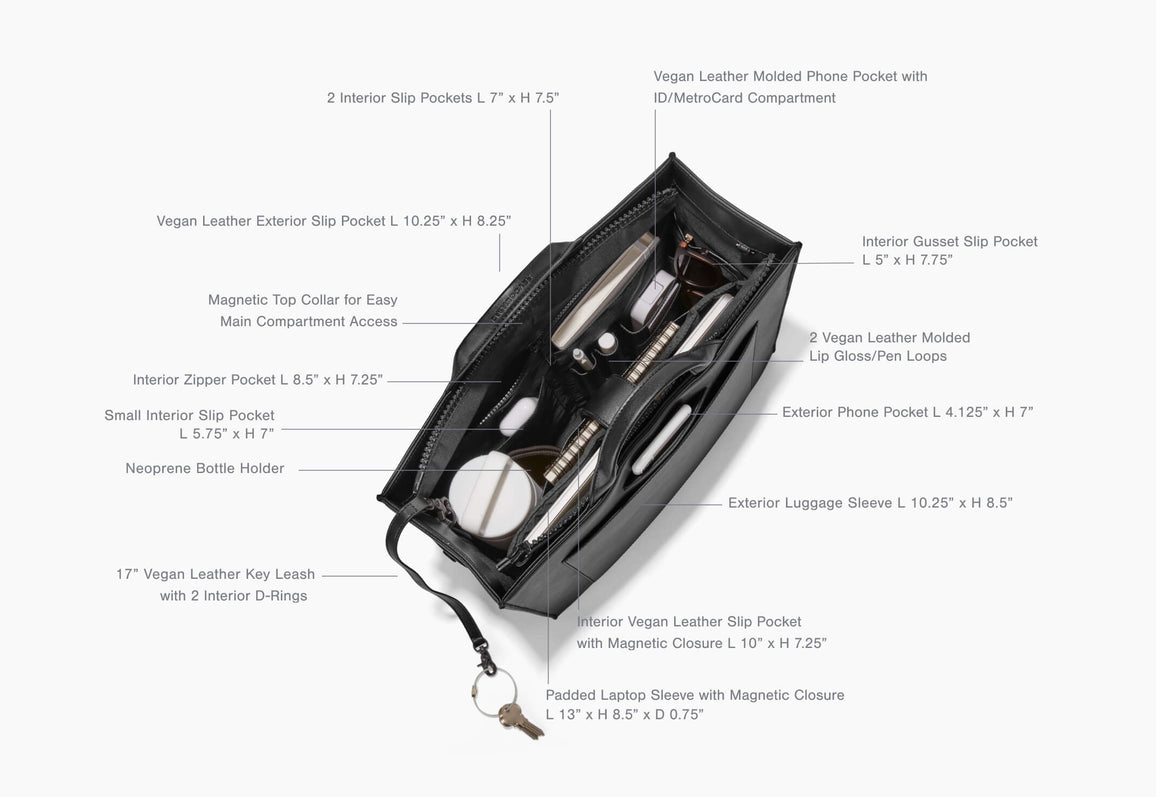 Product Features Daily Tote, Medium - Features: 2 Interior Slip Pockets L 7-inch x H 7.5-inch, Vegan Leather Exterior Slip Pocket L 10.25-inch x H 8.25-inch, Magnetic Top Collar for Easy Main Compartment Access, Interior Zipper Pocket L 8.5-inch x H 7.25-inch, Small Interior Slip Pocket L 5.75-inch x H 7-inch, Neoprene Bottle Holder, 17-inch Vegan Leather Key Leash with 2 Interior D- Rings, Vegan Leather Molded Phone Pocket with ID/Metro Card Compartment, Interior Gusset Slip Pocket L 5-inch x H 7.75-inch, 2 Vegan Leather Molded Lip Glass/ Pen Loops, Exterior Phone Pocket L 4.125-inch x H7-inch, Exterior Luggage Sleeve L 10.25-inch x H 8.5-inch, Interior Vegan leather Slip Pocket with Magnetic Closure L 10-inch x H 7.25-inch, Padded Laptop Sleeve with Magnetic Closure L 13-inch x H 8.5-inch x D 0.75-inch