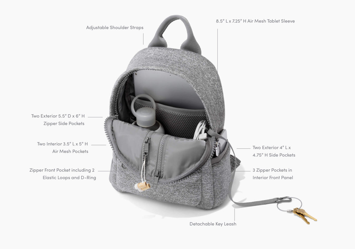 Product Features Dakota Backpack, Small - Features: Adjustable Shoulder Straps, 8.5-inch L x 7.25-inch H Air Mesh Tablet Sleeve, Two Exterior 4-inch L x 4.75-inch H Side Pockets, 3 Zipper Pockets in Interior Front Panel, Detachable Key Leash, Zipper Front Pocket including 2 Elastic Loops and D- Ring, Two Interior 3.5-inch L x 5-inch H Air Mesh Pockets, Two Exterior 5.5-inch D x 6-inch H Zipper Side Pockets